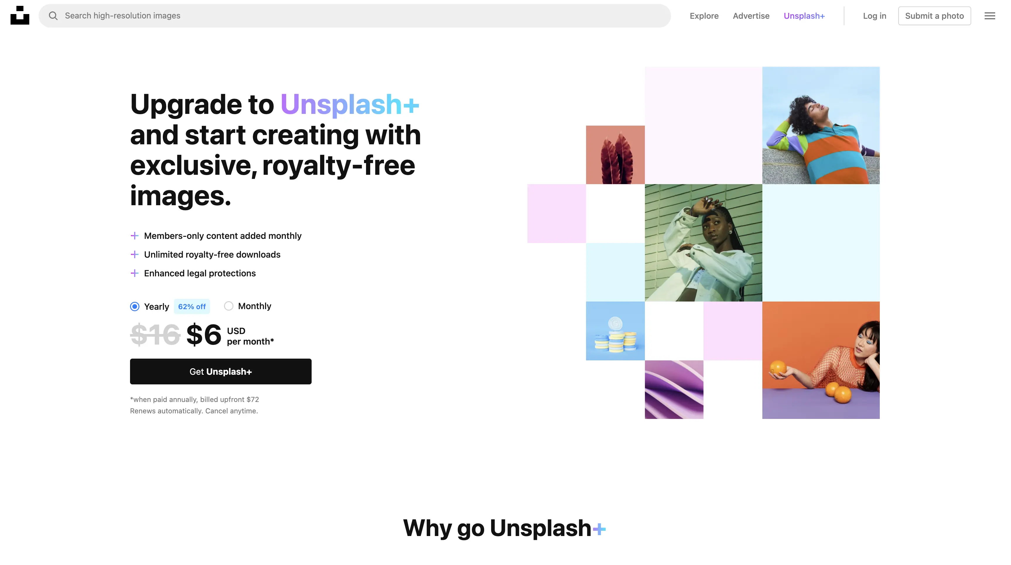 Screenshot of Unsplash plus home page.