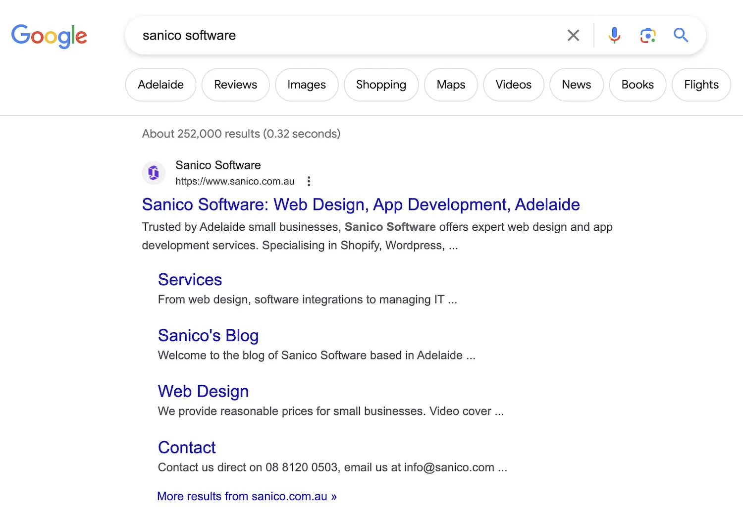 Sanico Software within Google search results.