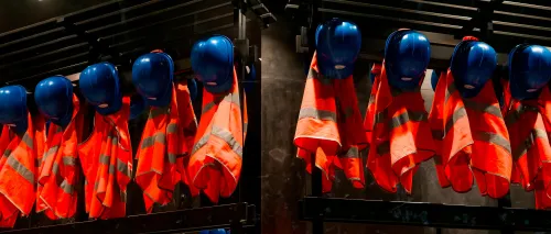 Orange high visibility jackets and blue safety hats hanged on the wall