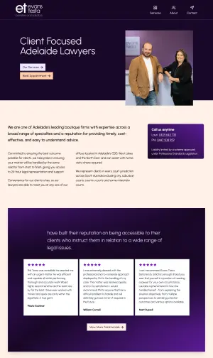 Evans Testa Barristers and Solicitors home page preview