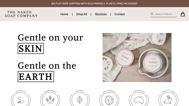 A screenshot of the home page for The Naked Soap Company that Sanico Software created.