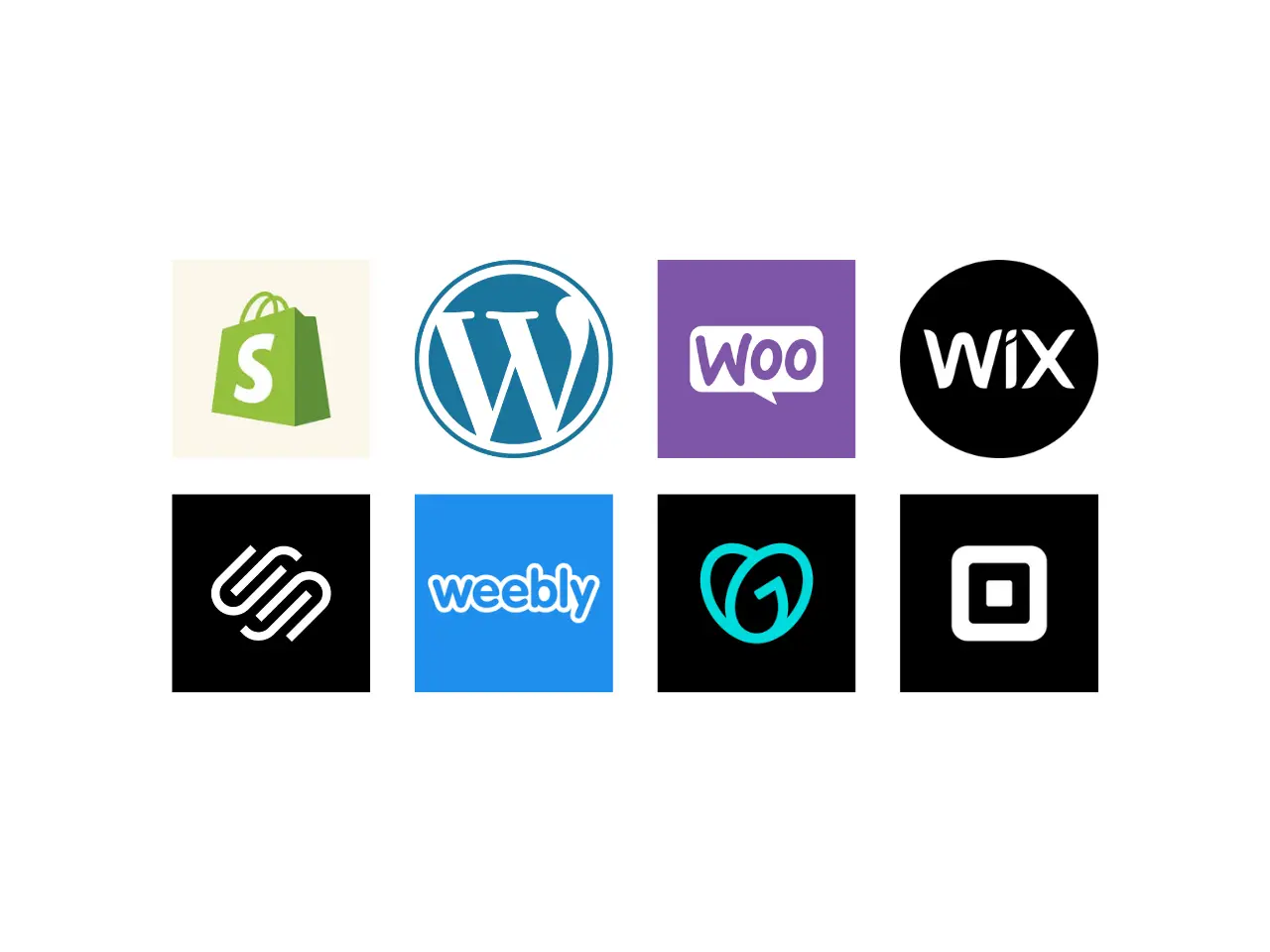 The logos of the most popular website builders, which includes Shopify, WordPress, WooCommerce, Wix, SquareSpace, Weebly, GoDaddy and Square.