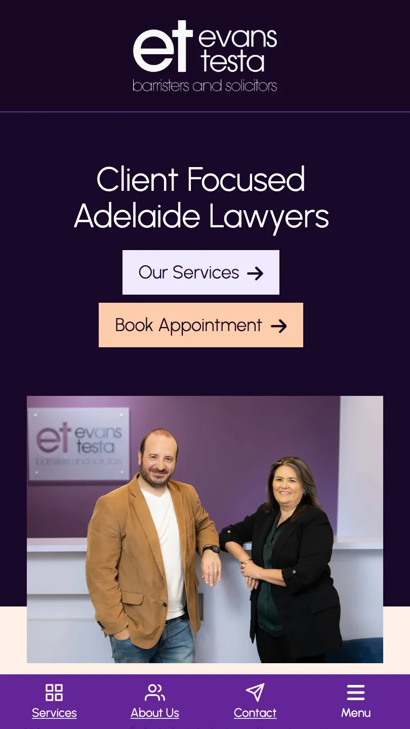 Screenshot of Evans Testa Lawyers home page on mobile
