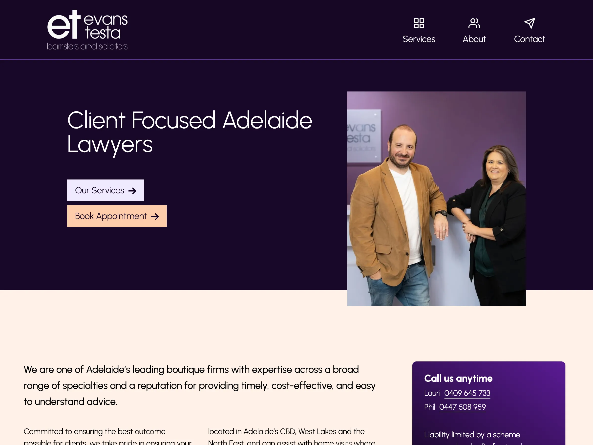 Screenshot of Evans Testa Lawyers home page