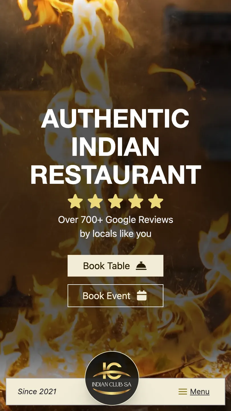 Screenshot of Indian Club SA home page on mobile