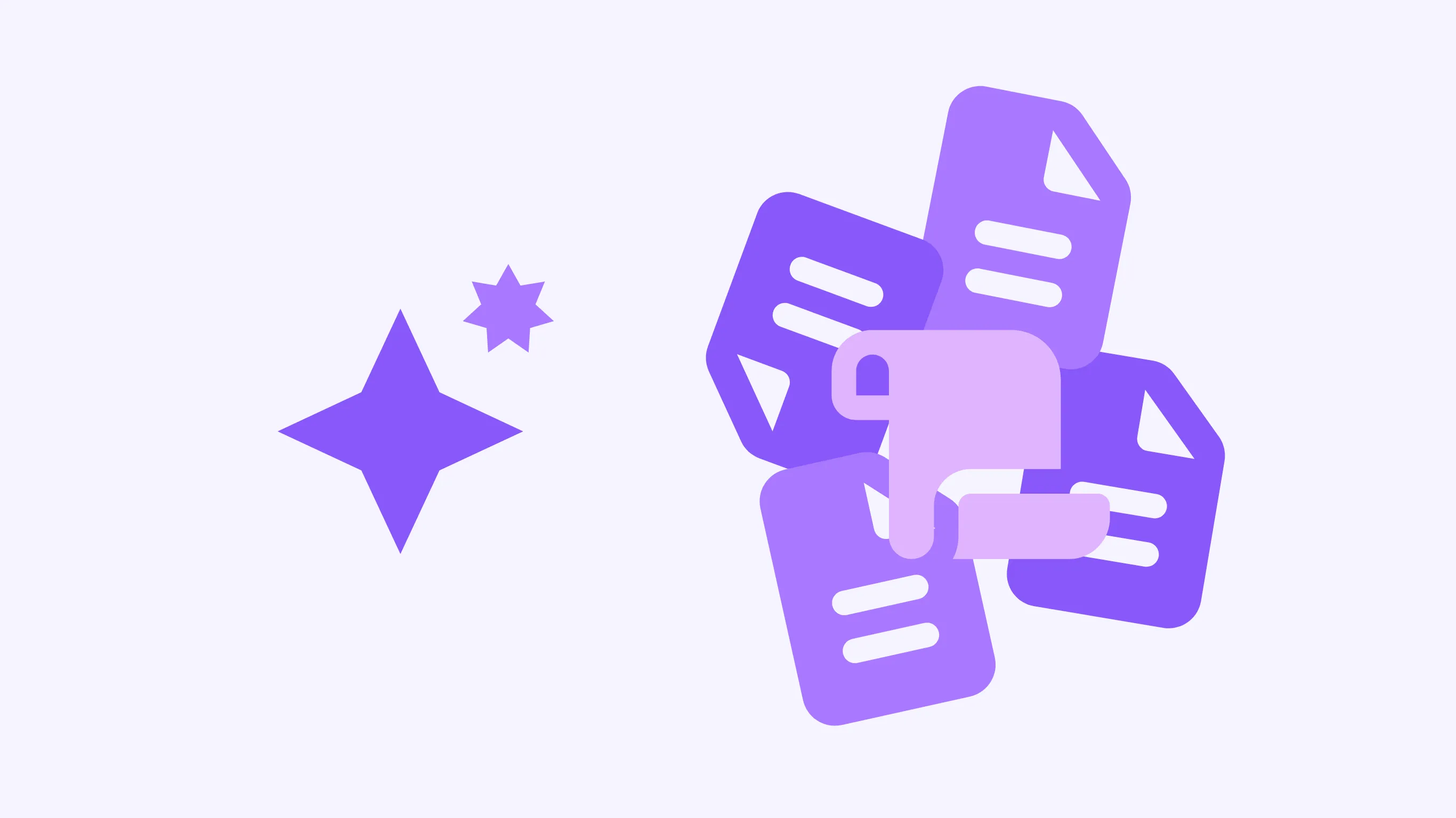 AI automations visualisation with sparkles on the left and stacks of paper on the right.