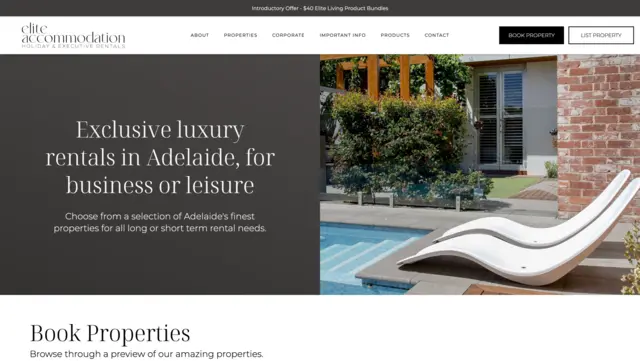 A screenshot of the home page for Elite Accommodation that Sanico Software created.