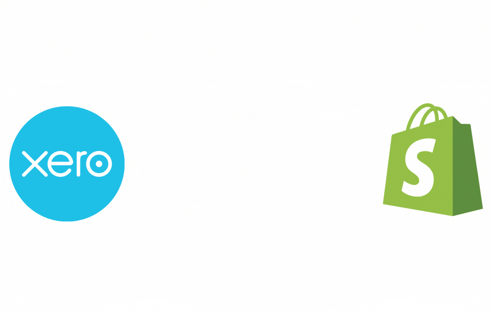 The logo of Xero accounting sending a red beam of data to the logo of Shopify. This represents both software products talking to one another.