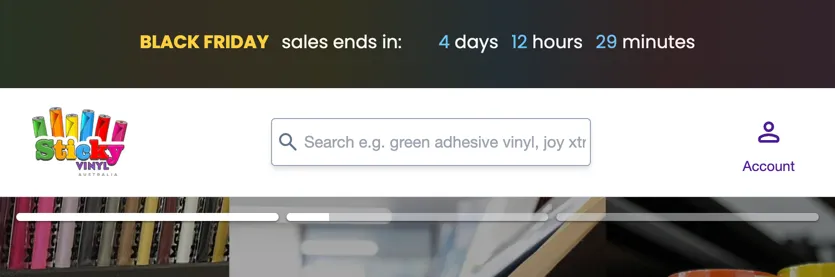 A thicker banner than before with a black background that has a low-opacity version of the colourful gradient, with the &ldquo;Black Friday&rdquo; text in yellow, numbers in light blue, and the rest in white.