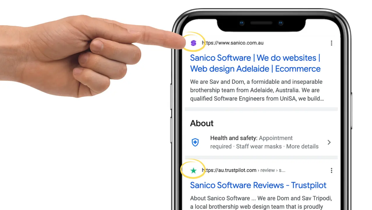 Hand pointing to the favicon of a website in Google Search results.