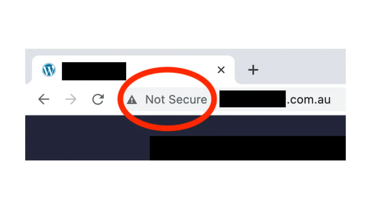 A screenshot taken in 2022 of a Google Chrome browser with an insecure HTTPS warning for the website of a finance company in Adelaide.