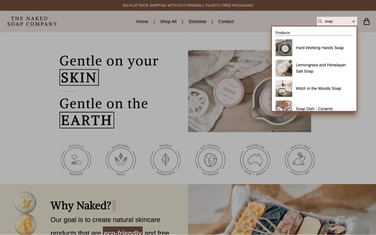 The Naked Soap Company search feature working
