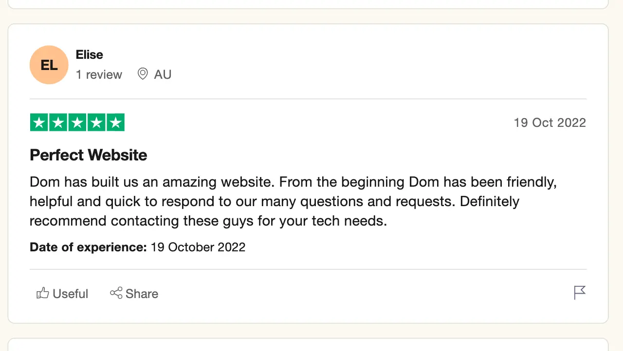 The testimonial that Elise left for us on our Trustpilot reviews.