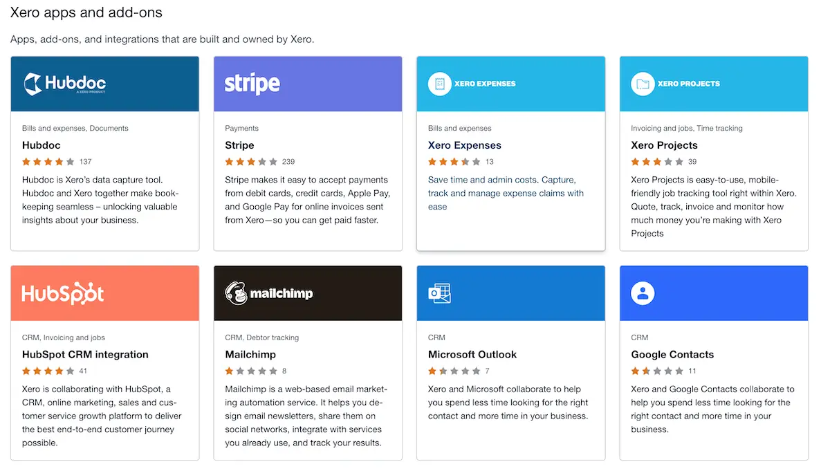 Screenshot of the Xero App store with applications that receive bad reviews.