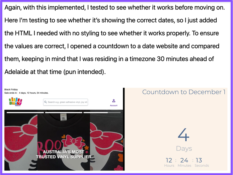 Snippet of the blog post on creating a Black Friday banner in Shopify showing the split screen view of the banner and countdown showing the same amount of time left.