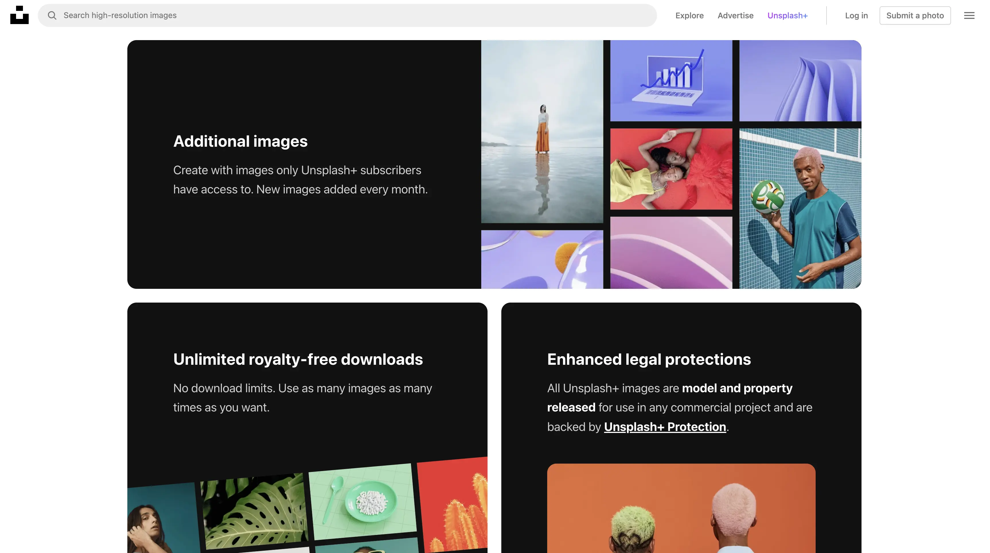 Screenshot of Unsplash sections.