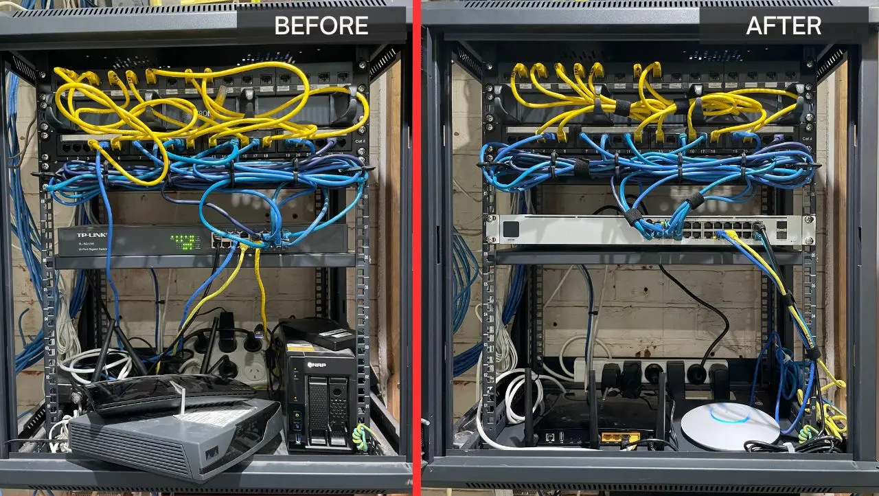 A comparison of, on the left, before we cleaned the server rack and after we cleaned the server rack, on the right