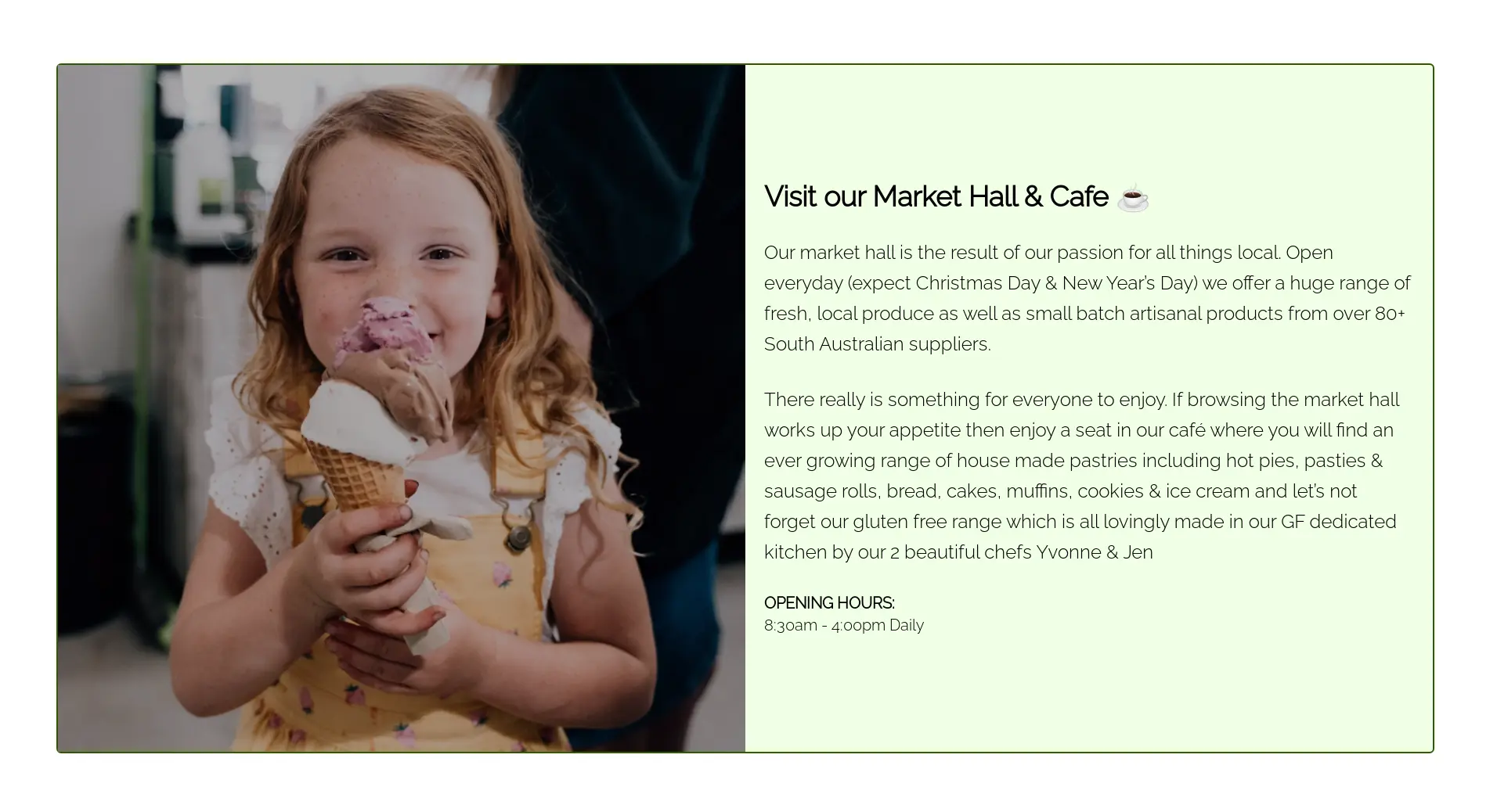 A section from the Harvest the Fleurieu website with a young girl with ice cream smiling.