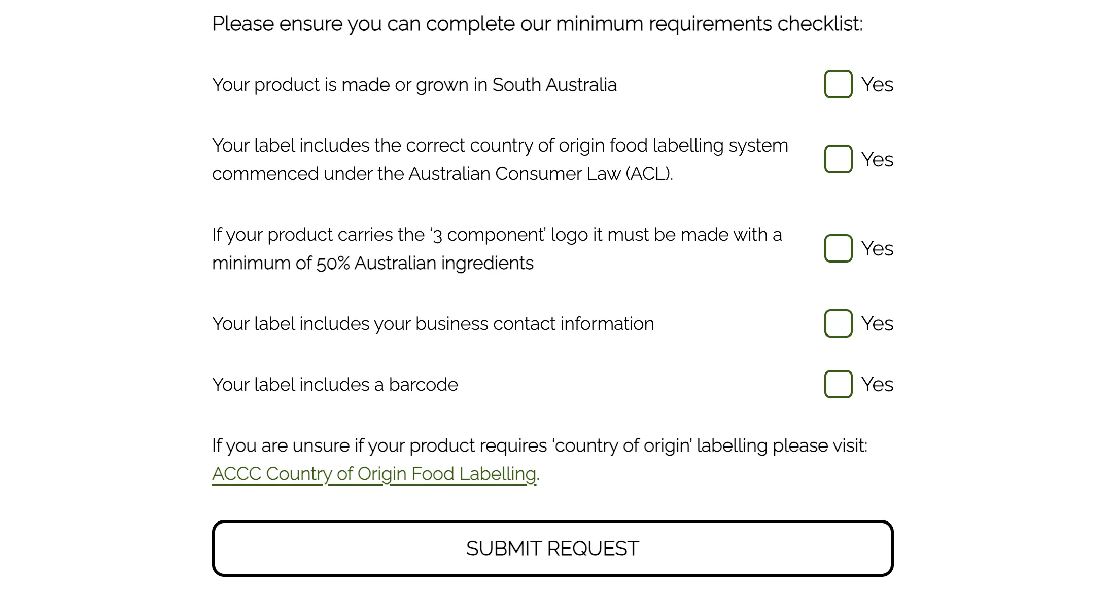 Part of the custom website form we built for Harvest the Fleurieu.