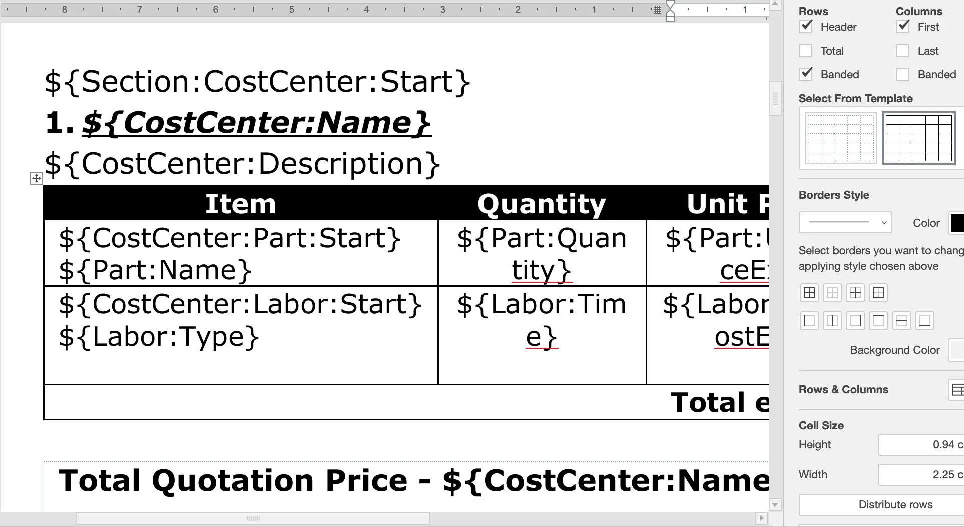 A screenshot of a quote inside the software program simPRO that uses internally Only Office.