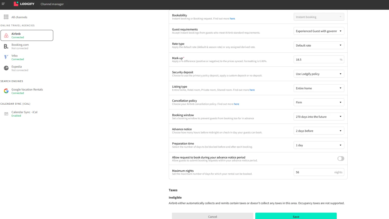 A screenshot of the Lodgify channel manager showing Airbnb, Vrbo, and Google Vacation Rentals all connected, with an 18.5% Airbnb mark-up configured.
