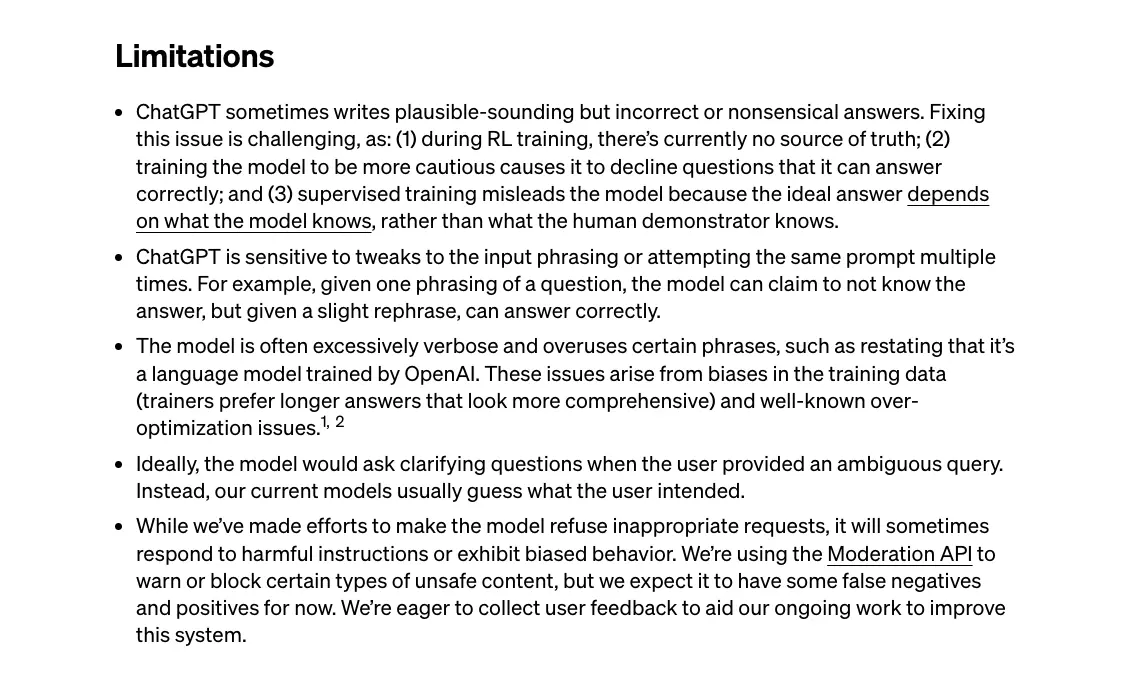 List of several limitations of ChatGPT provided by OpenAI