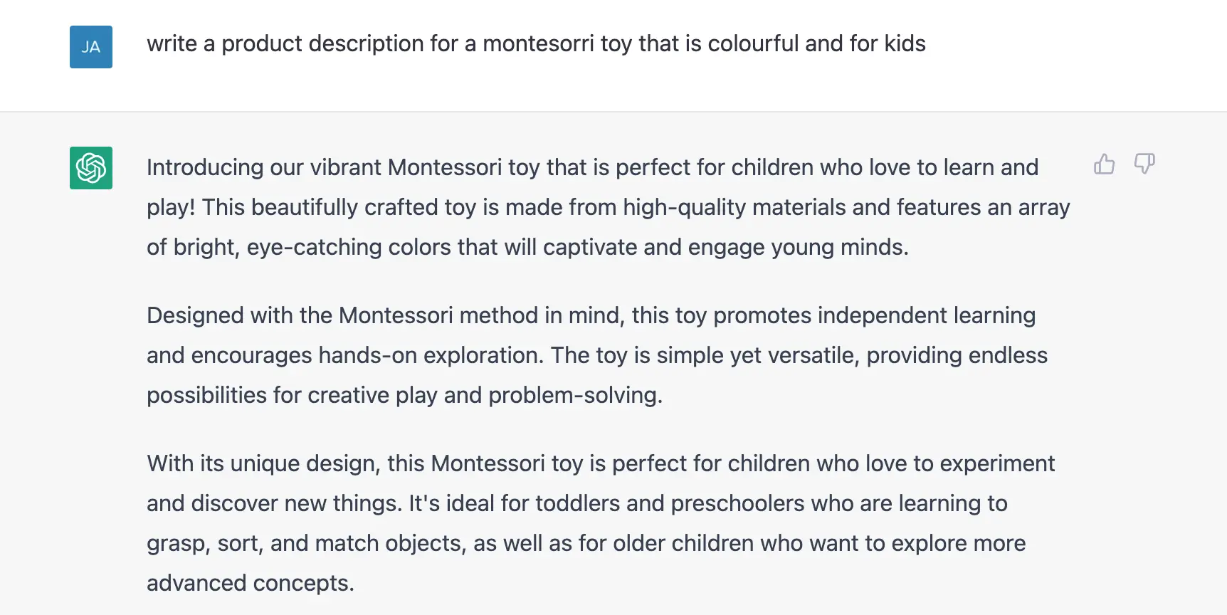 Asking ChatGPT to write me a product description for a montesorri toy
