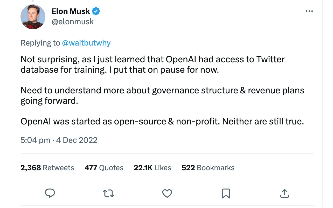 Tweet from Elon Musk 4 years after his departure from OpenAI