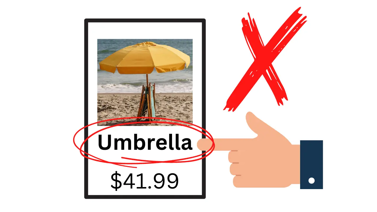 A finger pointing to an example of a bad title of an ecommerce product that says umbrella.